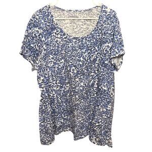 Roaman’s Blue White Floral Top 1X Short Sleeve Scoop Neck Blouse